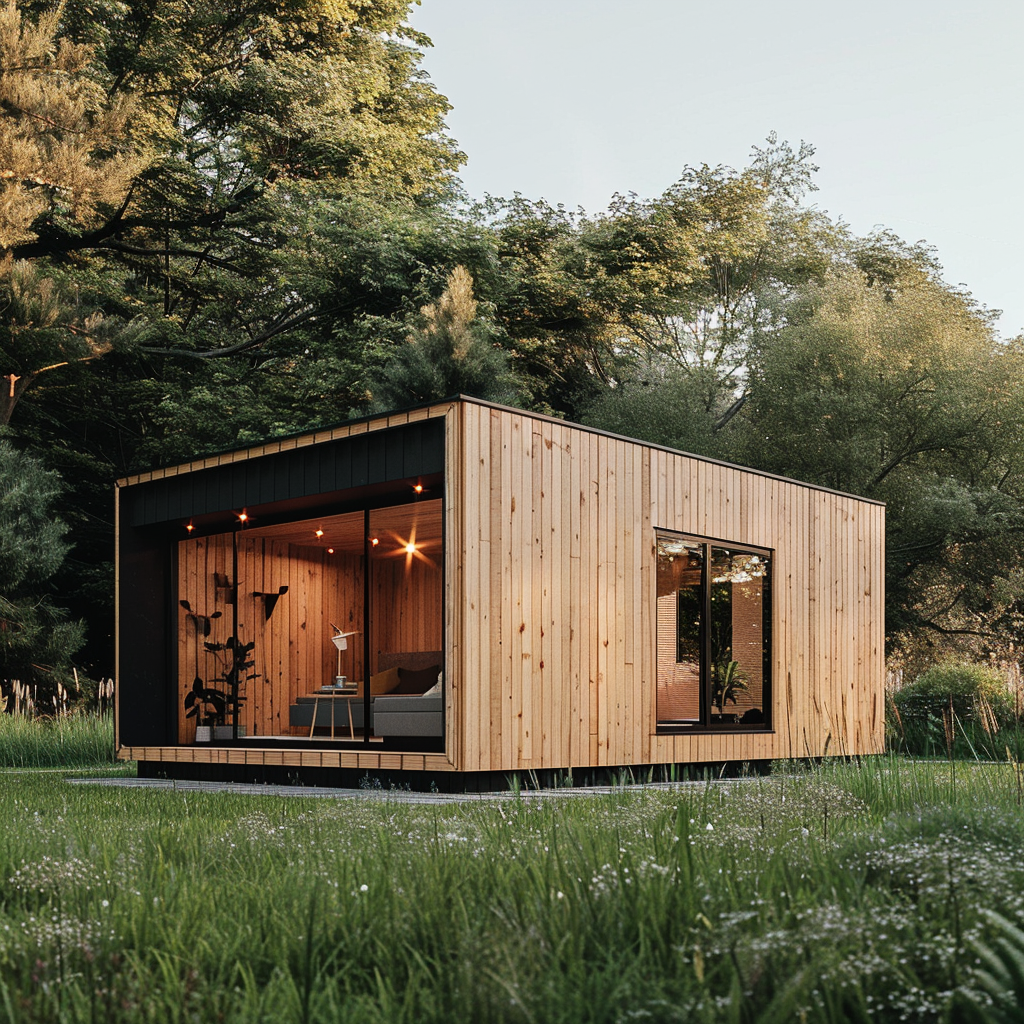 nowoczesny dom drewniany typu płaski dach, czarne i naturalne drewno, duże okna