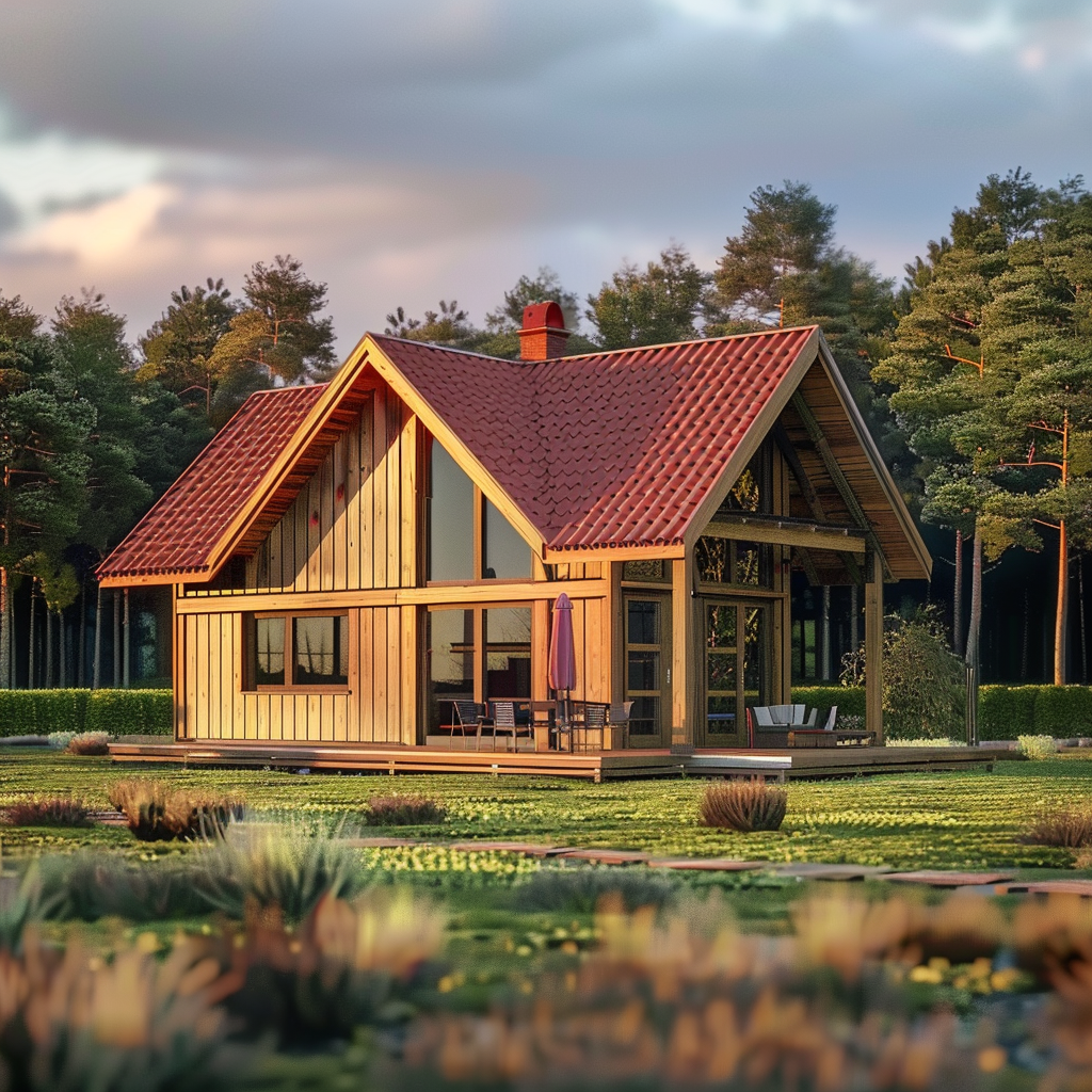 nowoczesny dom drewniany, naturalne drewno, duże okna, asymetryczny, czerwona dachówka