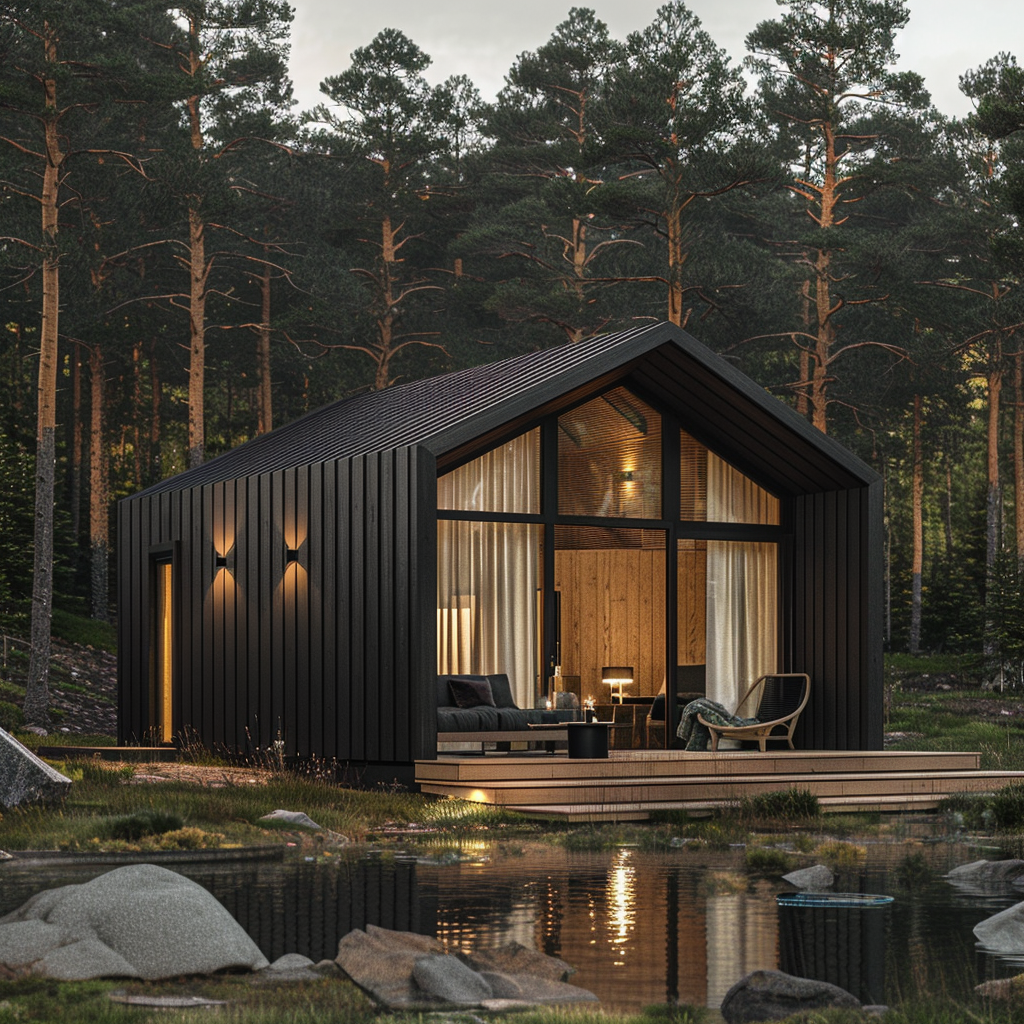 nowoczesny dom drewniany typu stodoła, czarne drewno, duże okna