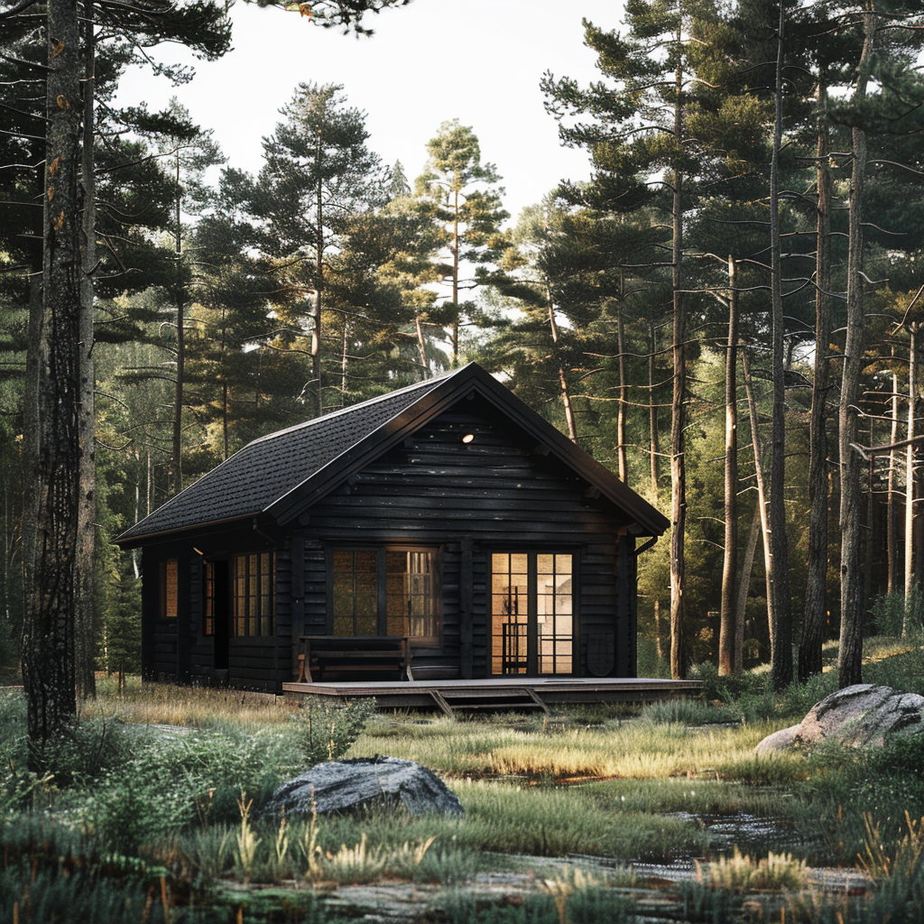 Domek w lesie, drewniana elewacja, czarne drewno, ciemny dach 