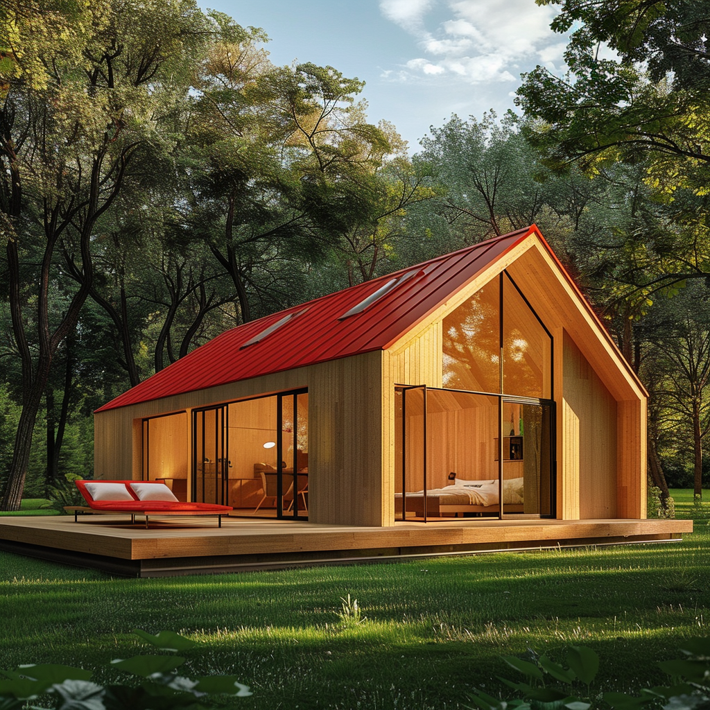 nowoczesny dom drewniany typu stodoła, naturalne drewno, duże okna, taras